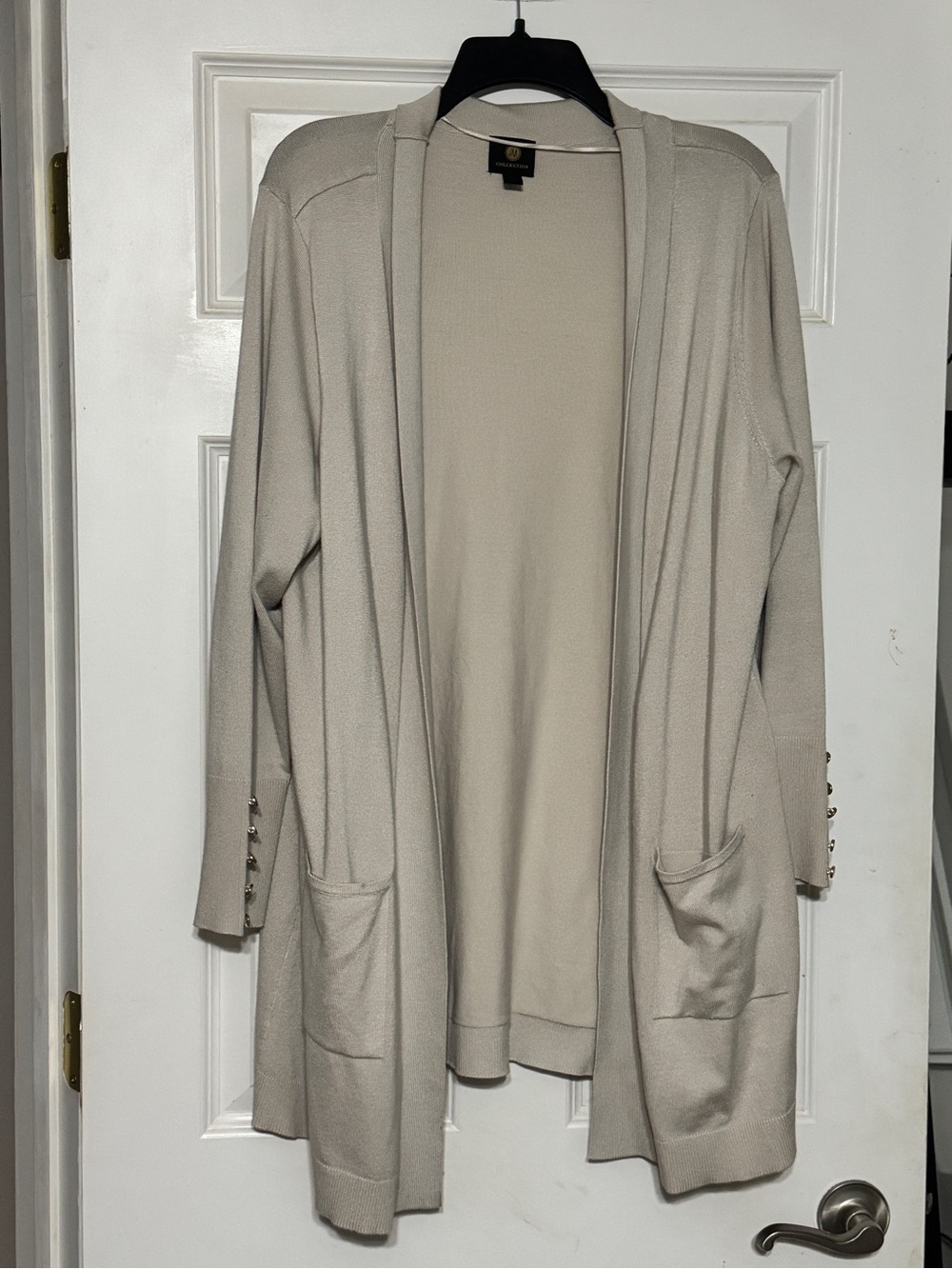 JM Collection Light Beige Open-Front Cardigan with Button Cuff Detail